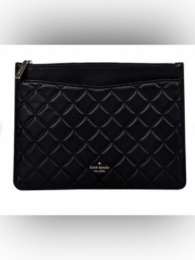 kate spade Black Quilted Leather Zip Pouch with Gold Logo